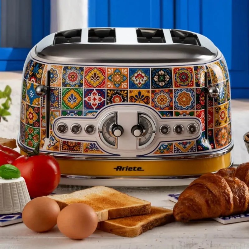 Prajitor de paine Ariete Positano 0156/0P, 1600W, 4 felii, 3 functii, 6 trepte, Tava firimituri, Alb/Galben