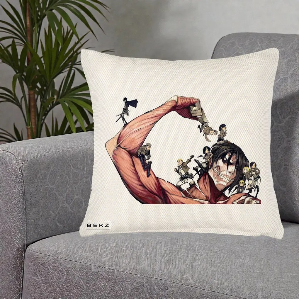 Perna Personalizata Attack on Titan Eren Titan Grup, 40x40 cm, Crem Reliefat, Husa Detasabila, Perna Inclusa, BEKZ®