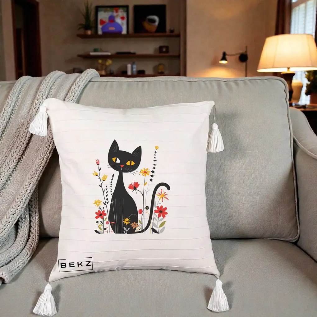 Perna Decorativa Pisica Neagra Ochi Galbeni Flori, 40x40 cm, Bej cu Franjuri, Husa Detasabila, Perna Inclusa, BEKZ®