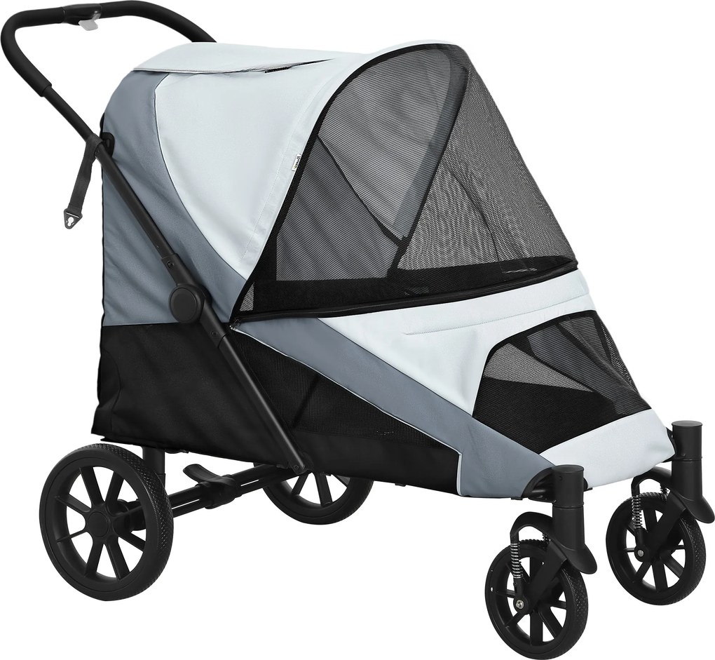 PawHut Cărucior Pliabil pentru Câini de Talie Mare cu Roți Detașabile, Pernă și Lese de Siguranță, 124x67x100 cm, Gri | Aosom Romania