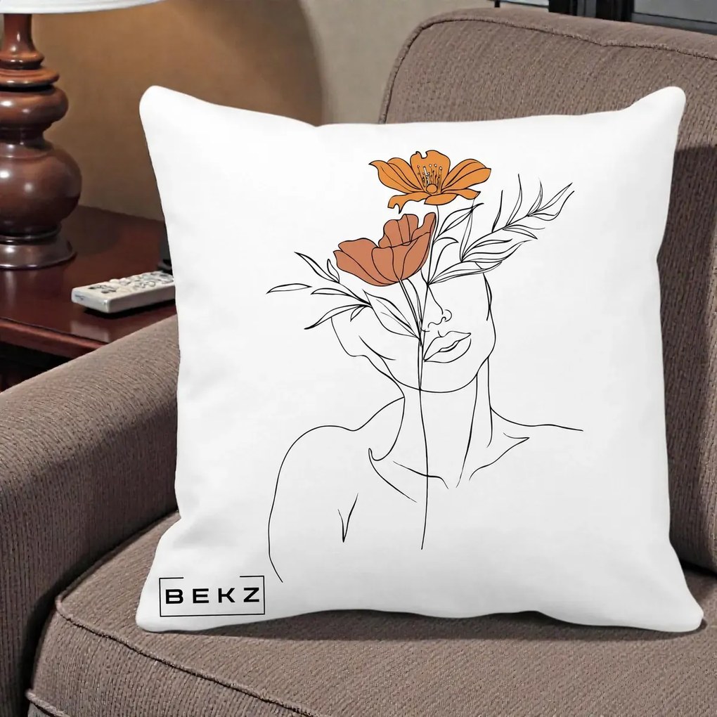 Perna Decorativa Portret Feminin Doua Flori, 40x40 cm, Alba Mata, Husa Detasabila, Perna Inclusa, BEKZ®
