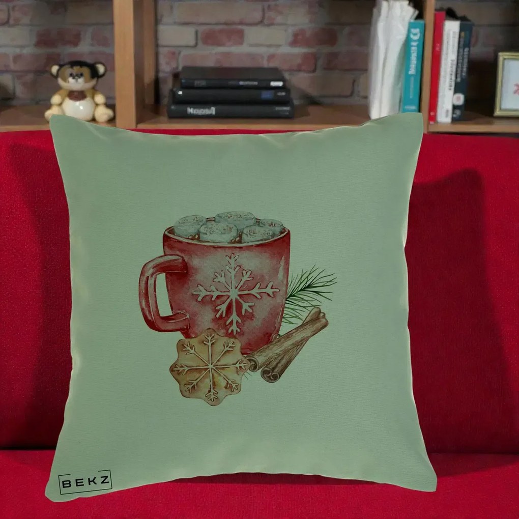 Perna Decorativa Cacao de Iarna cu Biscuit, 40x40 cm, Verde, Husa Detasabila, Perna Inclusa, BEKZ®