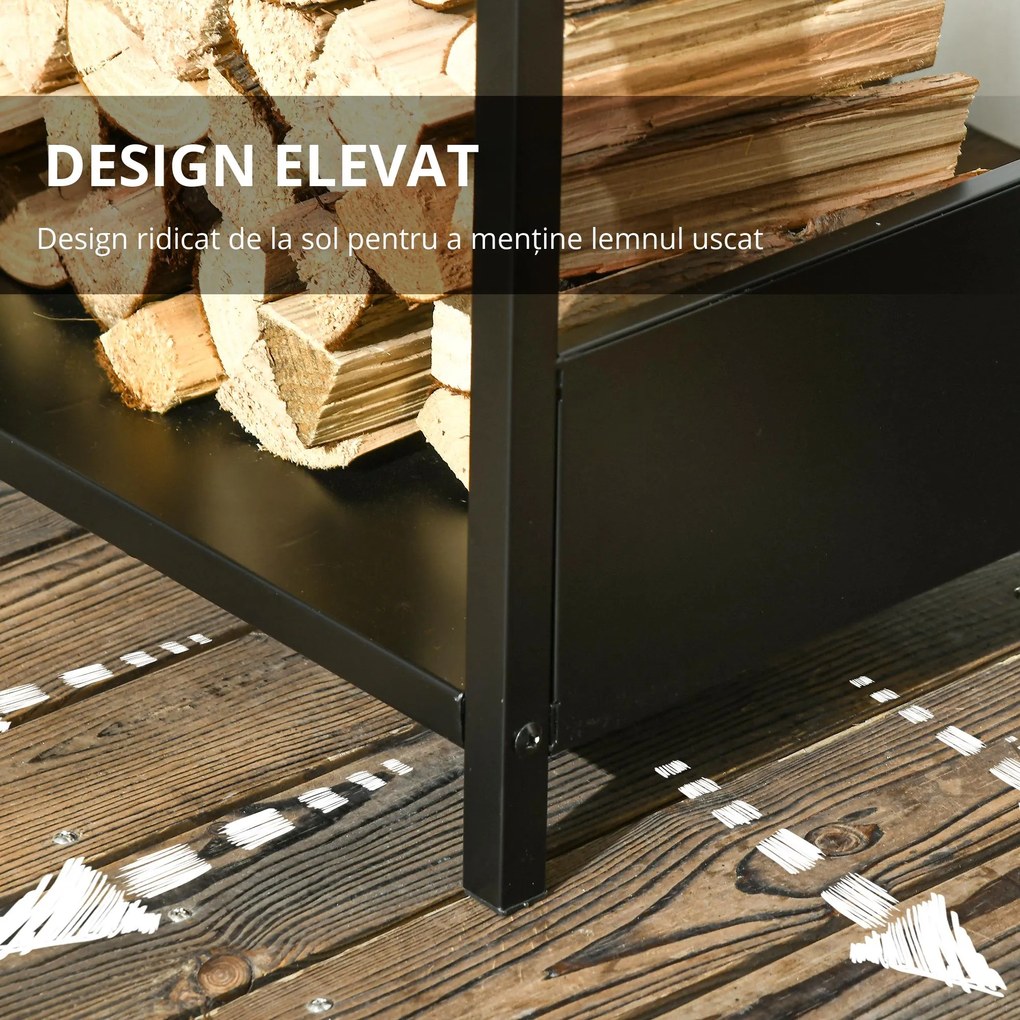 Outsunny Raft pentru Busteni  pentru Exterior si Interior din Otel, Suport pentru Lemne  Modern cu Baza Inaltata, 39x35x76cm, Negru | Aosom Romania