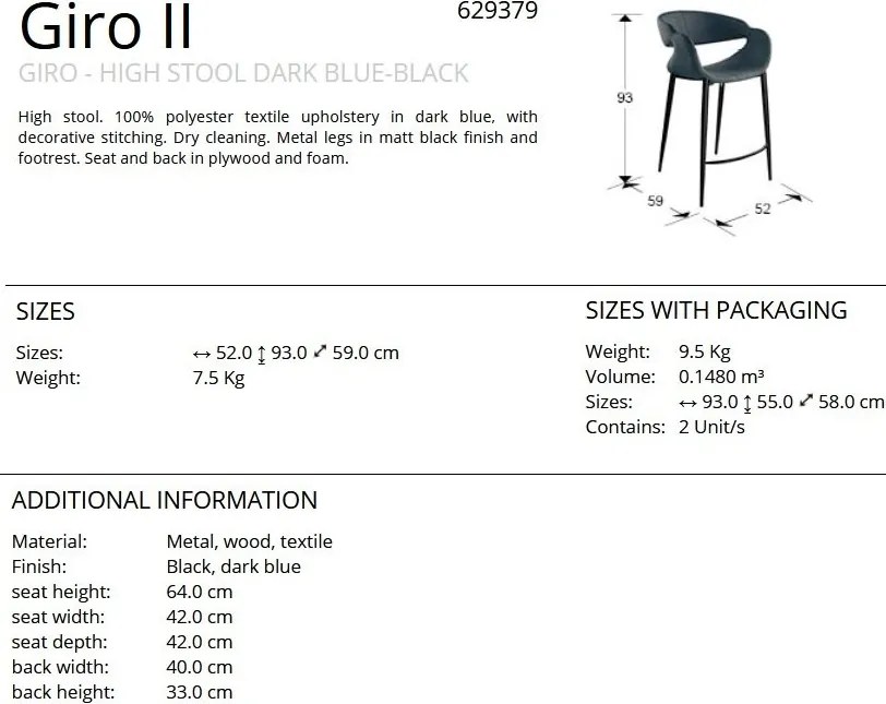 Scaun de bar design elegant Giro albastru inchis