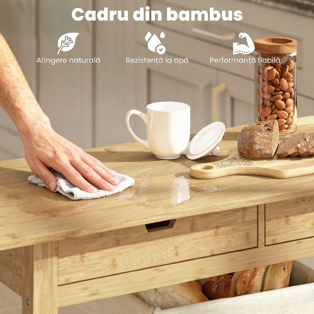 HOMCOM Cărucior de Bucătărie din Lemn de Bambus cu 2 Sertare, 2 Rafturi și 2 Roți, 100x43x75 cm, Lemn | Aosom Romania