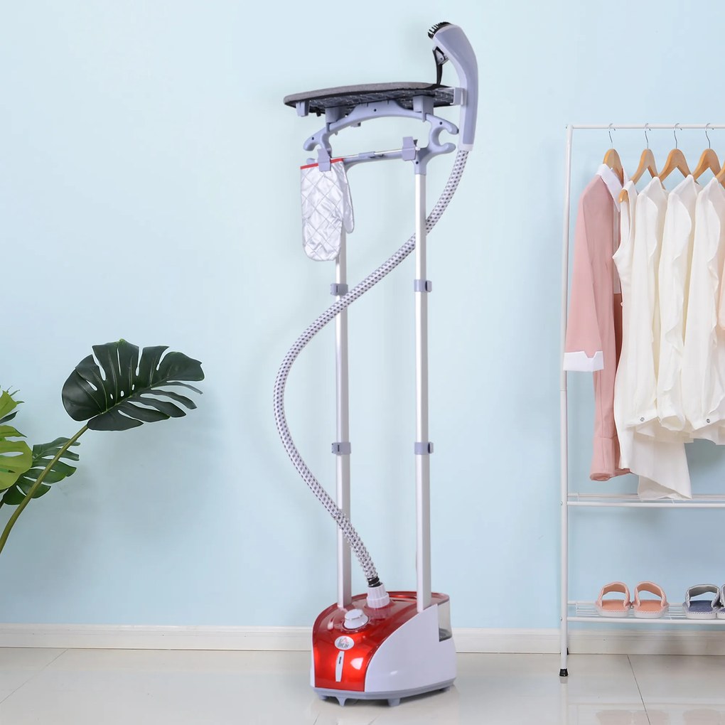 HOMCOM Defroisor de haine 1950 W, masă de călcat integrată, rezervor de apă 2 L, tijă telescopică, mănușă + umeraș inclus, roșu | Aosom Romania