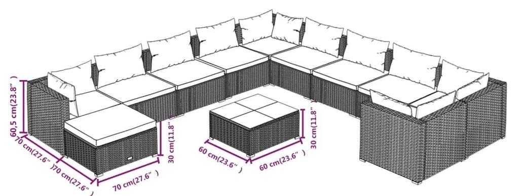 Set mobilier de gradina cu perne, 12 piese, maro, poliratan maro si verde, 6x mijloc + 4x colt + suport pentru picioare + masa, 1