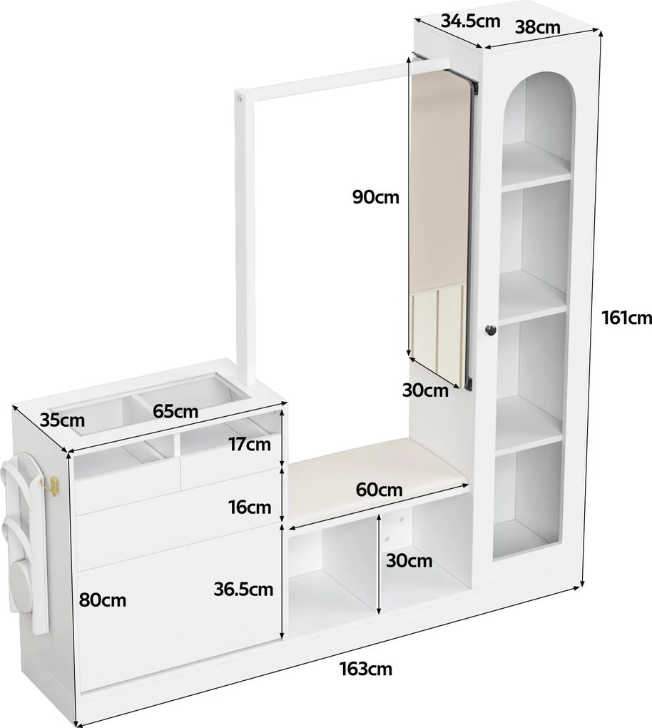 Combinație 6-în-1 pentru intrare cu iluminare LED, set cuier, masă de toaletă, bancă pentru pantofi, dulap rabatabil pentru pantofi și vitrină din sticlă, 163x35x161 cm, Alb