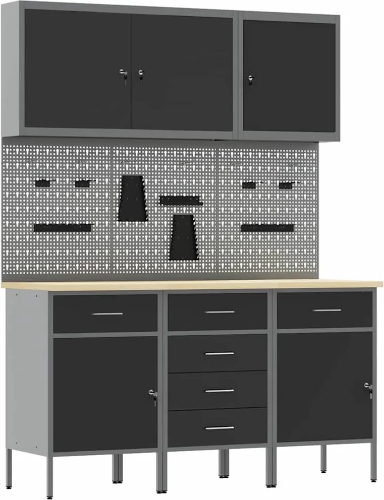 vidaXL Dulap de lucru cu sertar 8 pcs Negru Lemn ingineresc și oțel