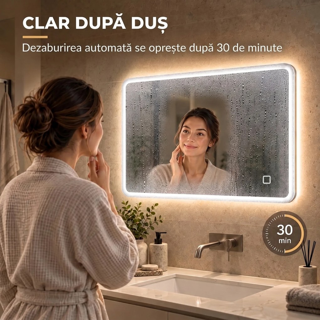 HOMCOM Oglindă de Baie cu LED 60x80 cm, 3 Culori de Lumină, Intensitate Reglabilă, Antiaburire, Comandă Tactilă, Memorie | Aosom Romania
