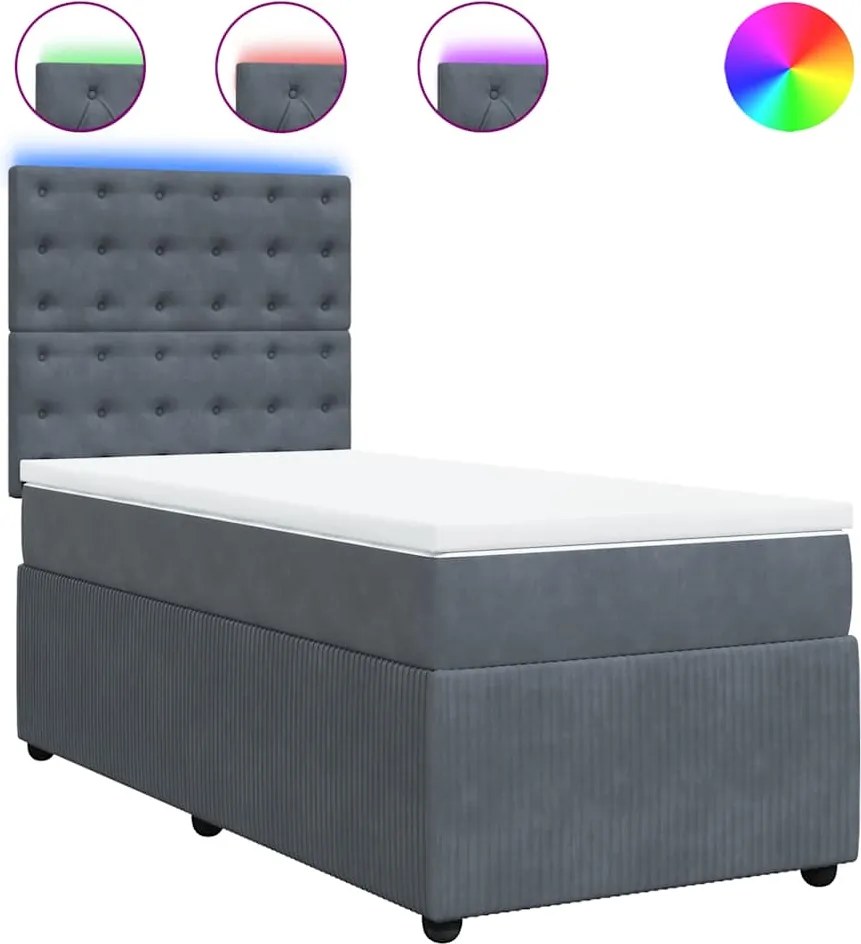 vidaXL Pat box spring cu saltea, gri închis, 90x200 cm, catifea