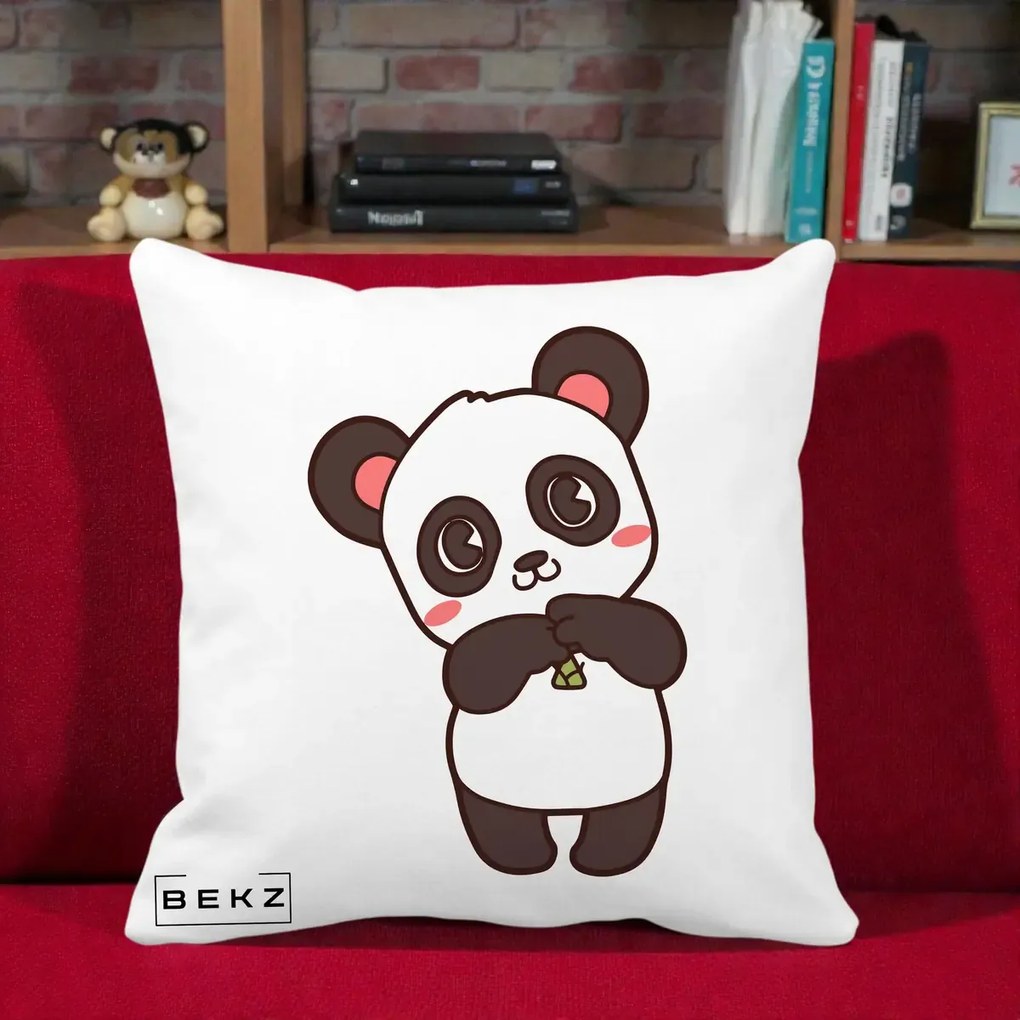 Perna Personalizata Panda Kawaii cu Bambus, 40x40 cm, Alba Mata, Husa Detasabila, Perna Inclusa, BEKZ®