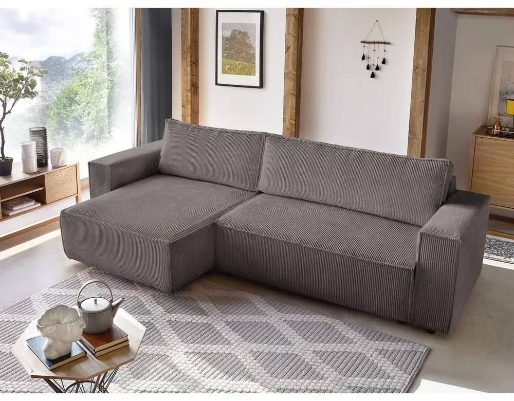 Colțar taupe extensibil/cu spațiu de depozitare cu tapițerie din catifea reiată Nihad – Bobochic Paris