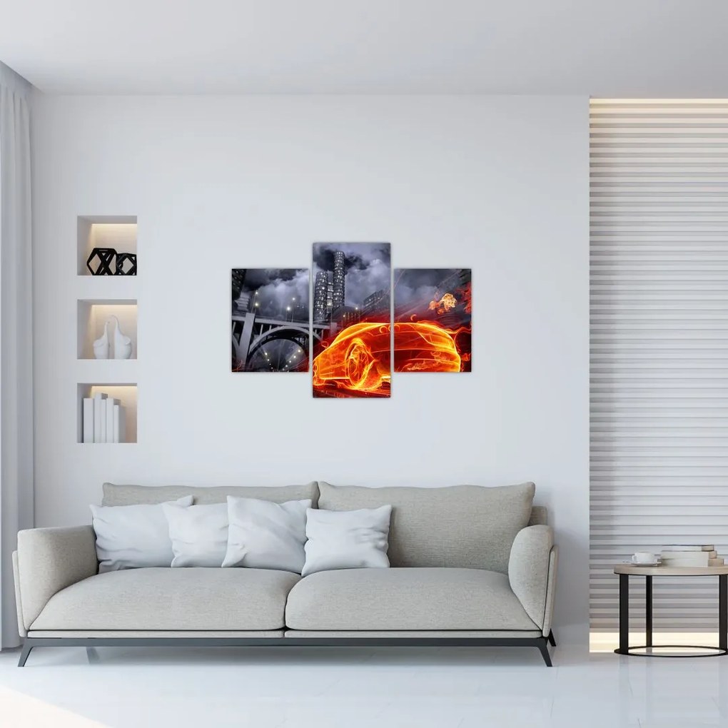 Tablou cu mașina în flăcărată (90x60 cm)
