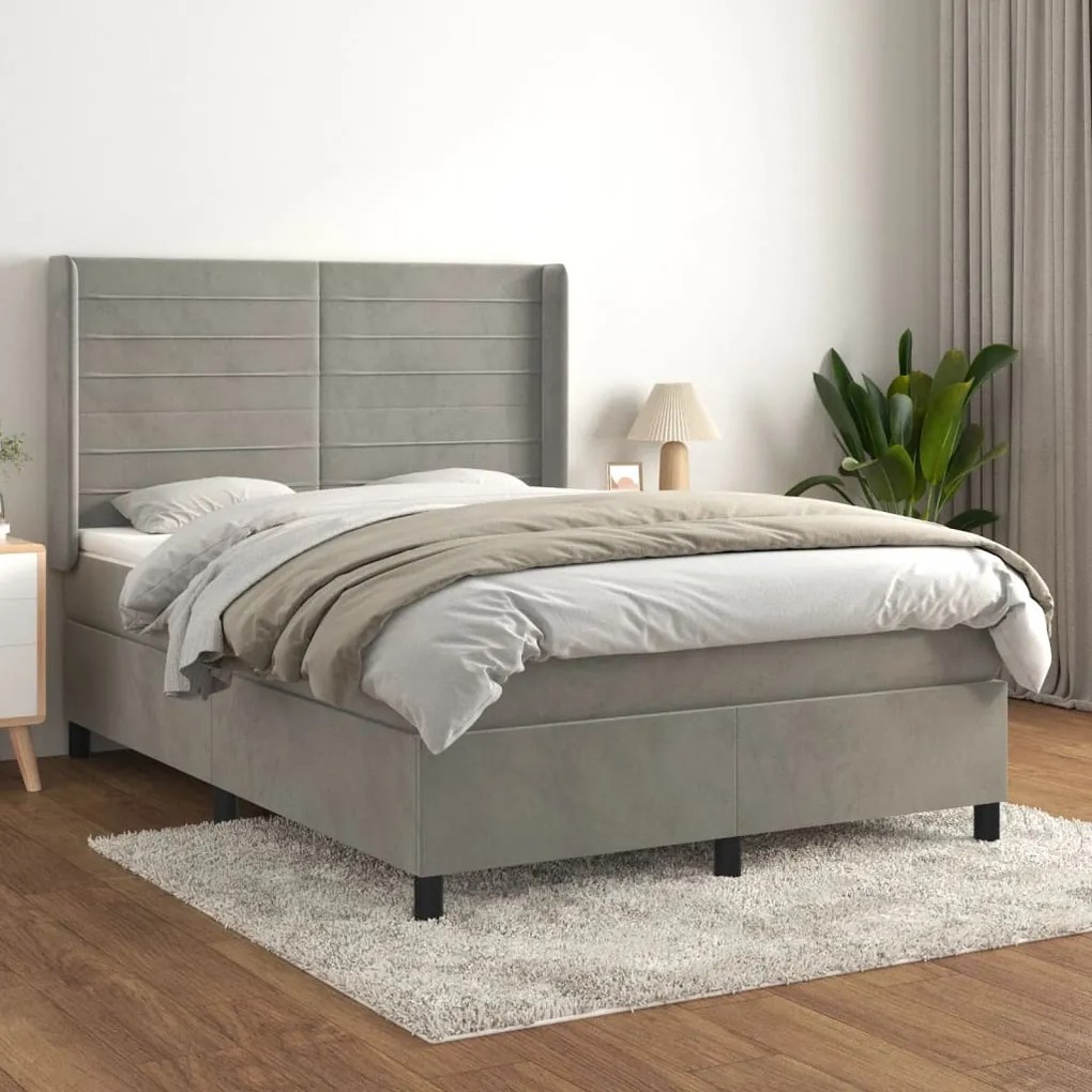 Pat box spring cu saltea, gri deschis, 140x190 cm, catifea Gri deschis, 140 x 190 cm, Benzi orizontale