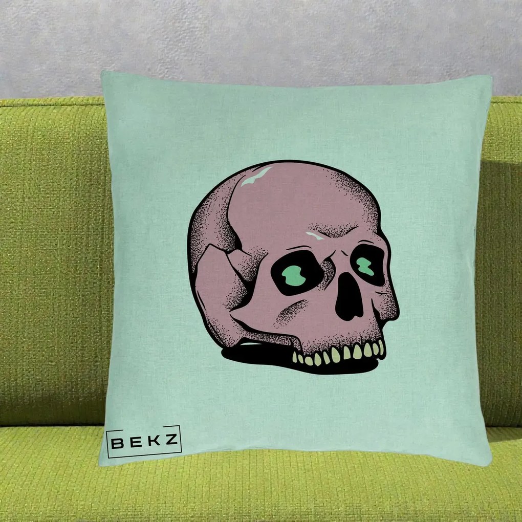 Perna Decorativa Craniu Roz Tatoo Art Halloween, 40x40 cm, Verde Menta, Husa Detasabila, Perna Inclusa, BEKZ®