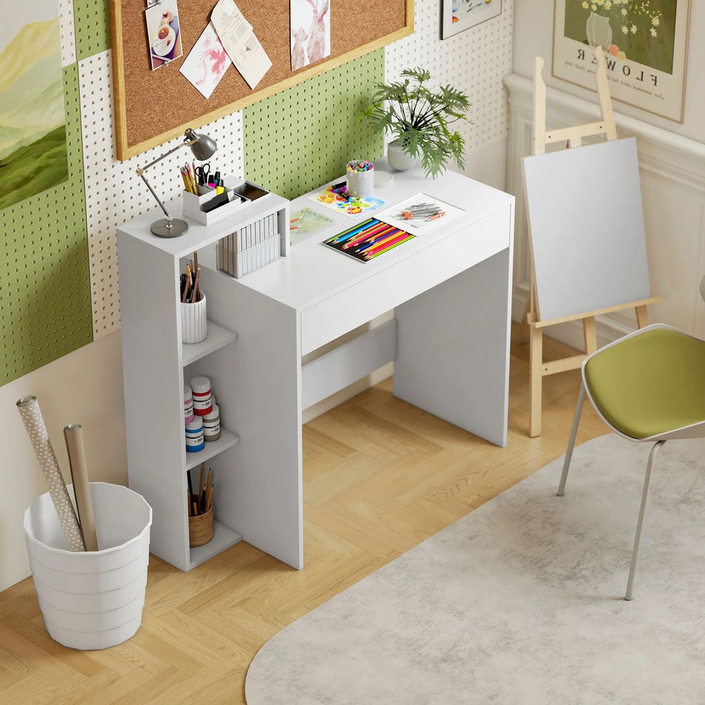 HOMCOM Compact Computer Desk with 3 Storage Shelves and Drawer, Space Saving Writing Desk, Study Table for Home Office, 110 x 40 x 92 cm, White | Aosom Romania