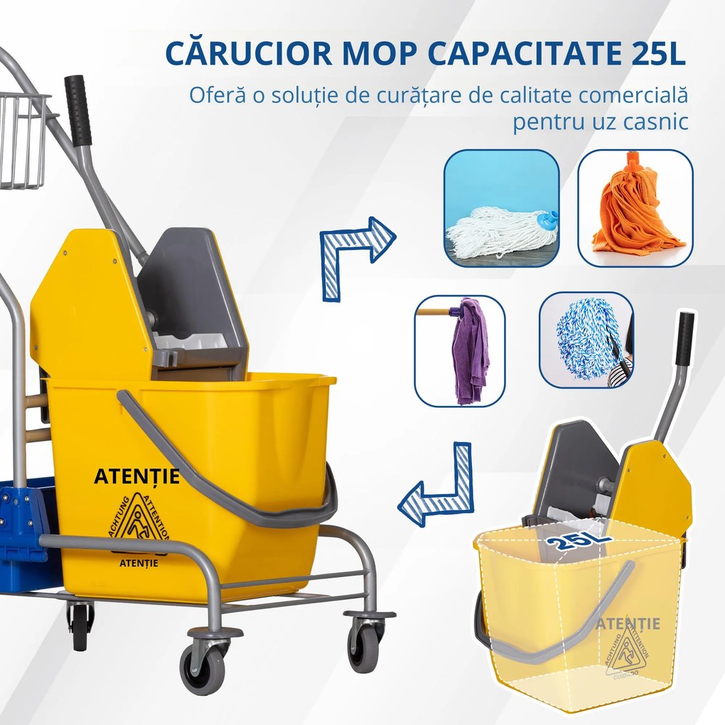 HOMCOM Cărucior Profesional de Curățenie cu Coș Suspendat, Raft, Găleată de 25 L și Cârlig, 72x49,5x95 cm, Galben | Aosom Romania