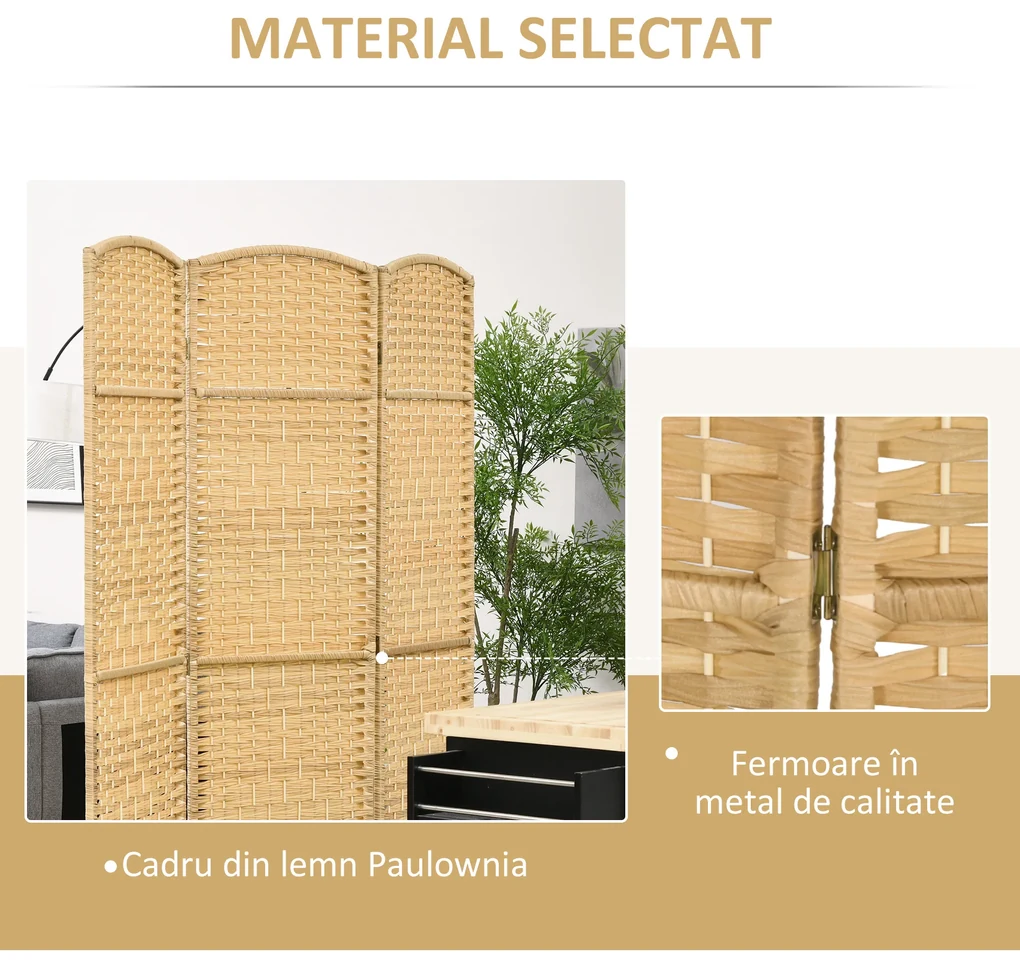 HOMCOM Paravan Interior Pliabil cu 3 Panouri Împletit din PP și Lemn de Pin, 135x1,7x180 cm, Lemn Natural | Aosom Romania