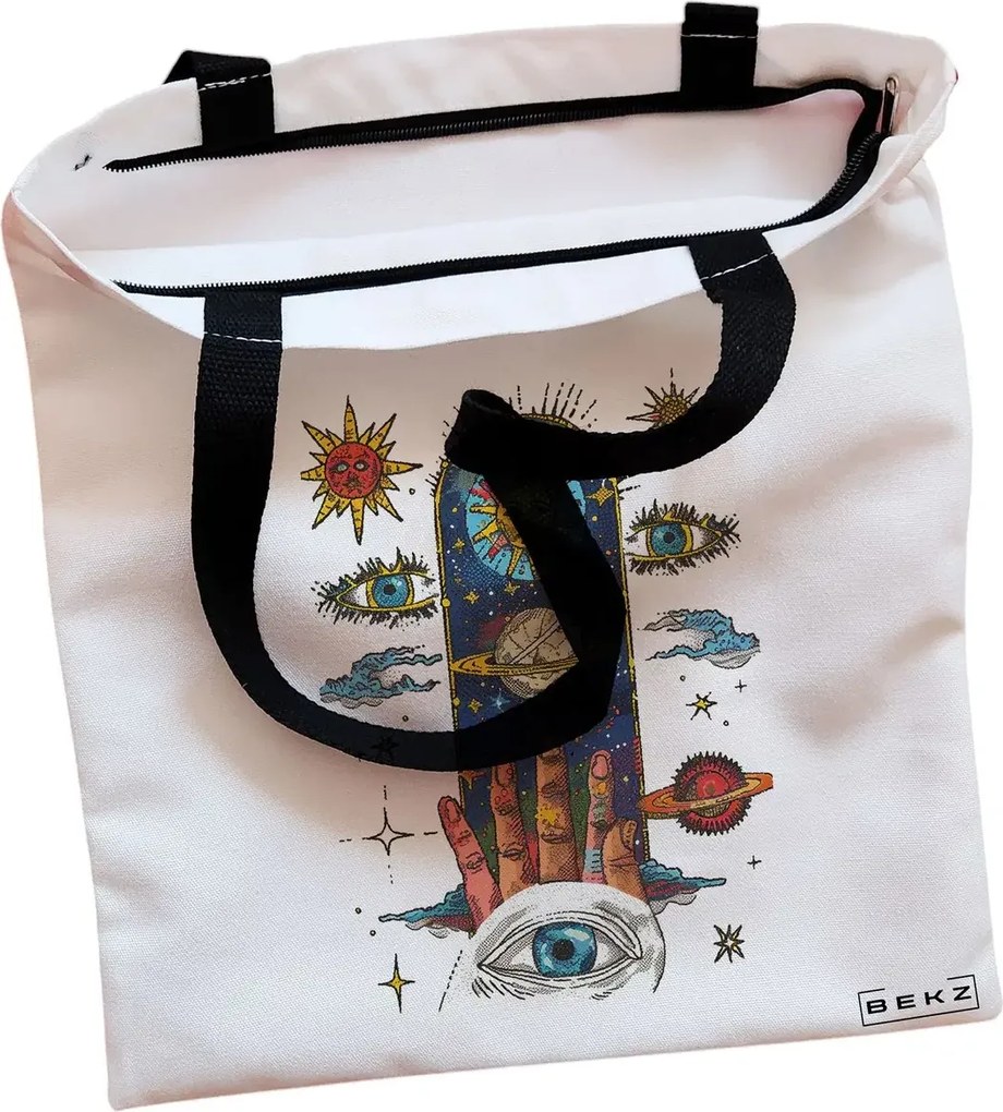 Sacosa de Panza pentru Cumparaturi, Geanta Tote, Energy Mood, Cu fermoar, 38x34.5 cm, Alba, BEKZ®