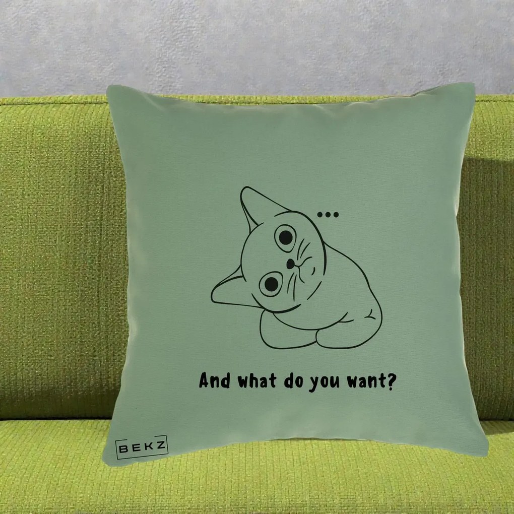Perna Decorativa And What Do You Want Cat, 40x40 cm, Verde, Husa Detasabila, Perna Inclusa, BEKZ®