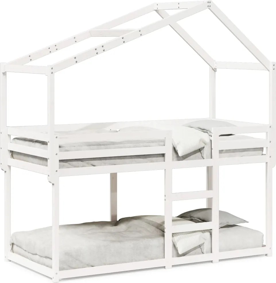 vidaXL Pat supraetajat cu acoperiș, alb, 90x190 cm, lemn masiv de pin