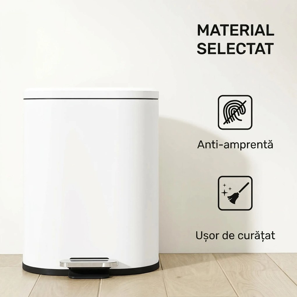 HOMCOM Coș de gunoi dreptunghiular cu pedală 12L din metal, cu găleată interioară detașabilă, închidere lentă, alb | Aosom Romania