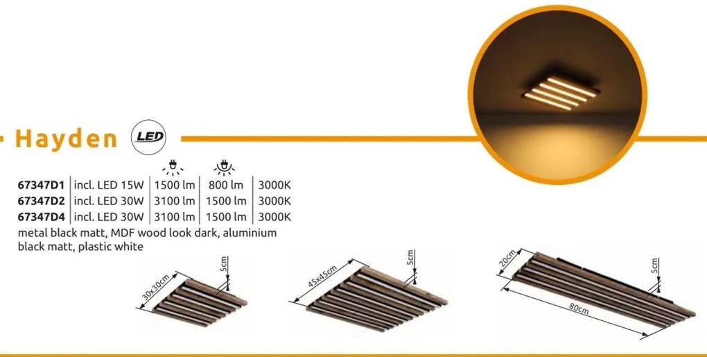 Plafoniera LED riflaj MDF cu efect de lemn HAYDEN 30x30cm