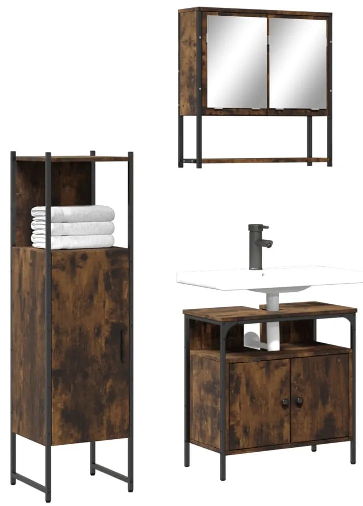 vidaXL Set mobilier de baie, 3 piese, stejar fumuriu, lemn prelucrat