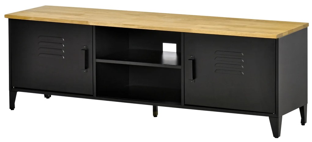 HOMCOM Mobilier TV Banc TV pentru televizoare de 55'' cu 2 Dulapuri Picioare Reglabile Cadru metalic negru Tablou din lemn natural 150 x 40 x 50 cm | Aosom Romania