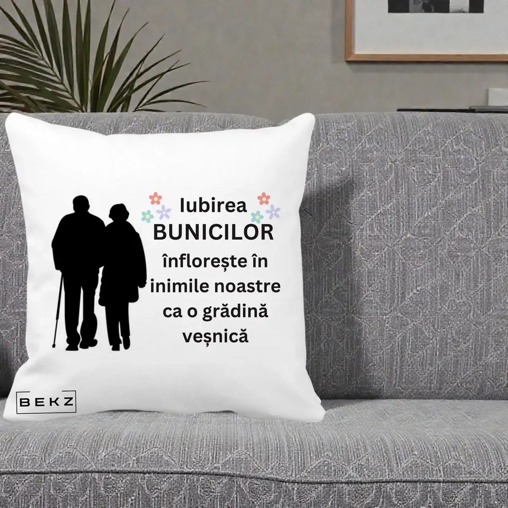 Cadou pentru Bunici - Perna Personalizata Bunicii Iubirea Infloreste Silueta Neagra Flori, 40x40 cm, Alba Mata, Husa Detasabila, Perna Inclusa, BEKZ®