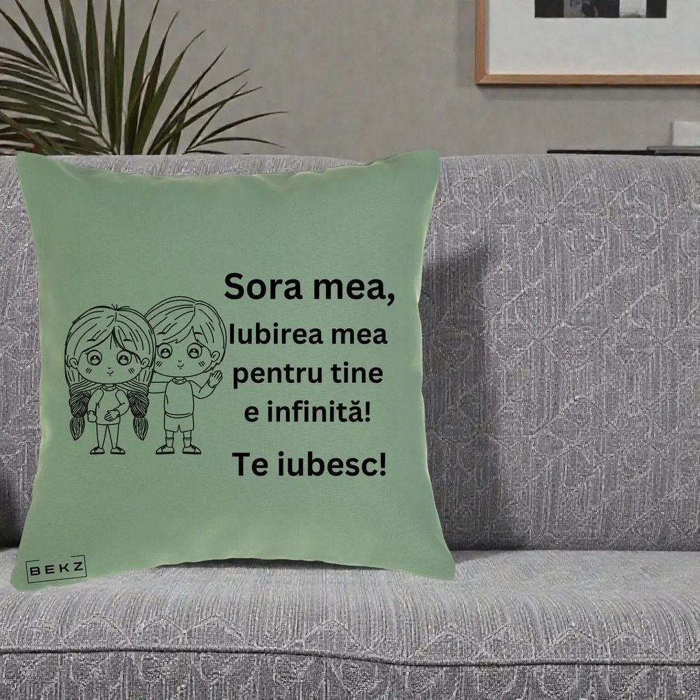 Cadou pentru Sora - Perna Personalizata Sora Mea Te Iubesc Copii Anime Line Art, 40x40 cm, Verde, Husa Detasabila, Perna Inclusa, BEKZ®