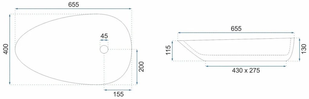 Lavoar pe blat Rea Greta Bianco asimetric finisaj alb piatra lucios 65 cm