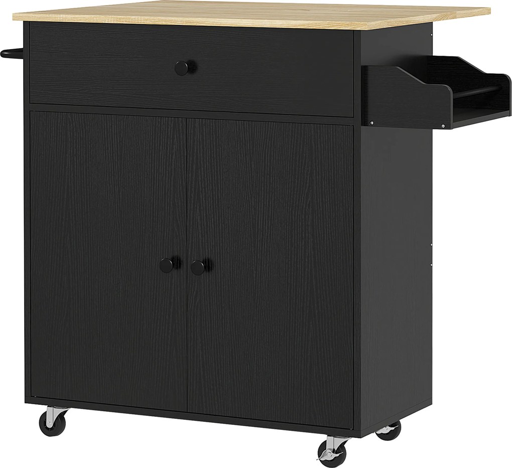 HOMCOM Insulă de Bucătărie cu Ala Rabatabilă 2 Uși Sertar Suport pentru Condimente Bară de Agățat Șervețel și Raft Reglabil 106x42x87 cm Negru și Stejar | Aosom Romania