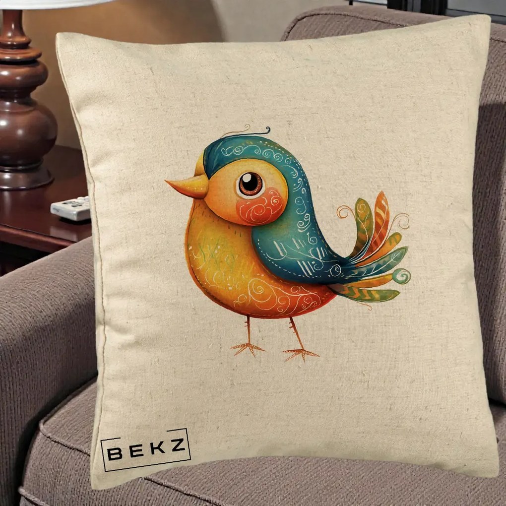 Perna Decorativa Pasare Folk Art Portocalie-Teal, 40x40 cm, Bej, Husa Detasabila, Perna Inclusa, BEKZ®