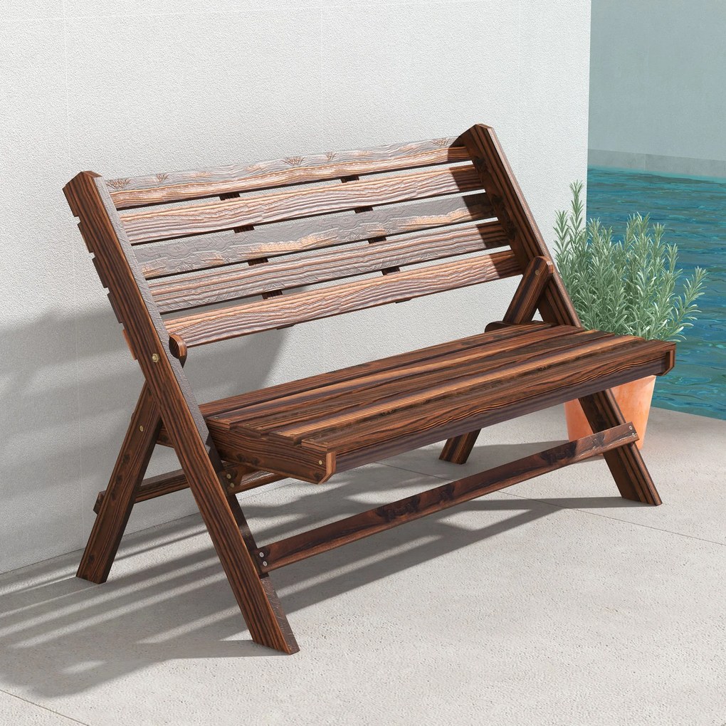 Outsunny Bancă de Exterior din Lemn pentru 2 Persoane, Bancă Pliabilă cu Spătar și Șezut cu Șipci, Bancă pentru Patio, Finisaj Carbonizat | Aosom Romania