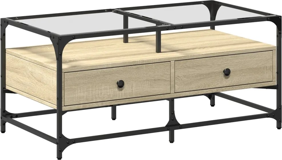 vidaXL Măsuță cafea cu blat din sticlă stejar sonoma 98,5x50x45cm oțel