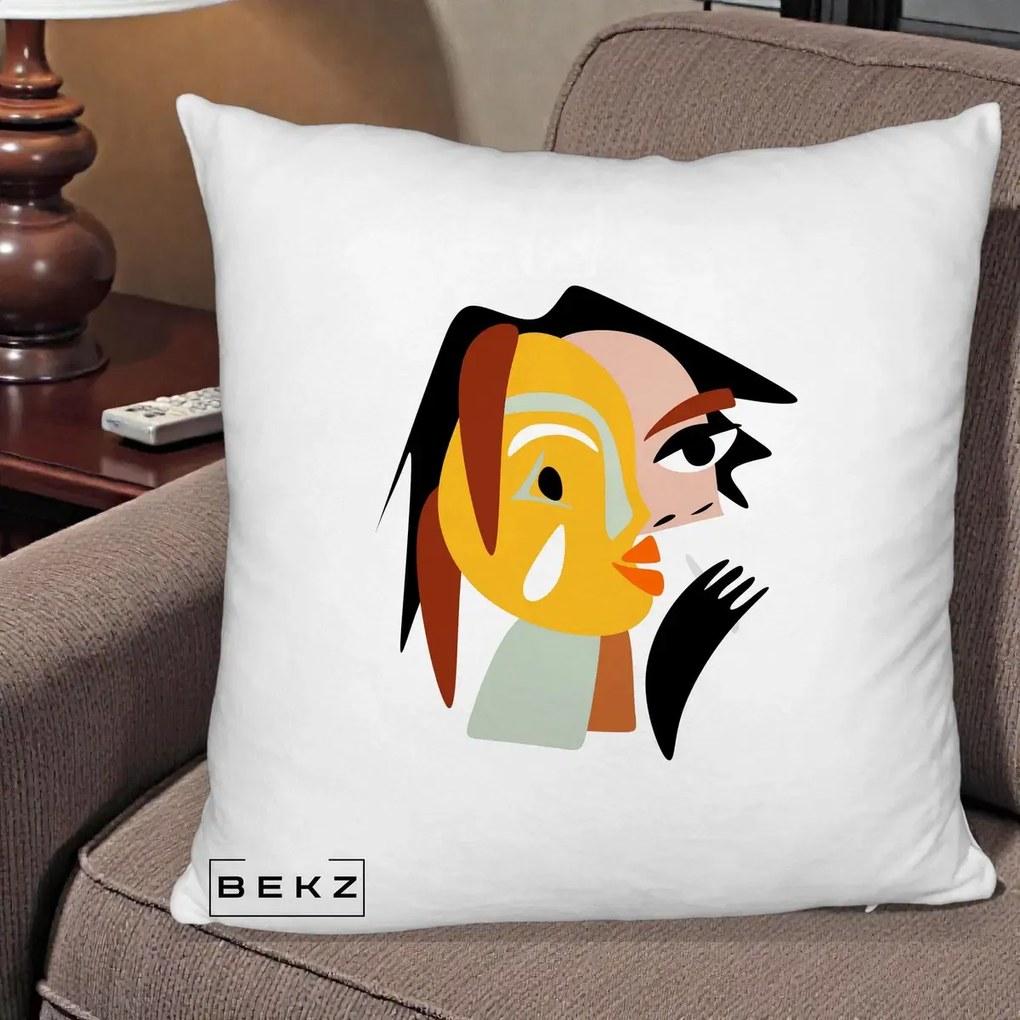 Perna Decorativa Portret Abstract Galben-Ocru, 40x40 cm, Alb Pufos, Husa Detasabila, Perna Inclusa, BEKZ®