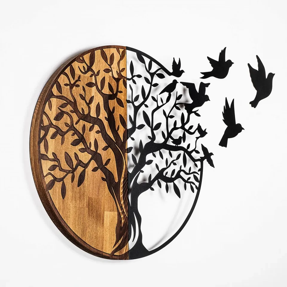 Accesoriu Decorativ de Perete Tree And Birds - 322, Lemn / Metal