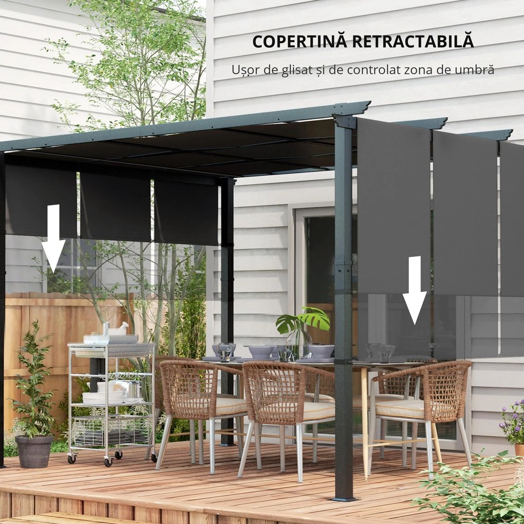 Outsunny Pergola de Exterior de 3 x 3,5 m cu Copertina Retractabila, Foisor de Gradina, Umbrar pentru Veranda, Terasa, Gri Inchis