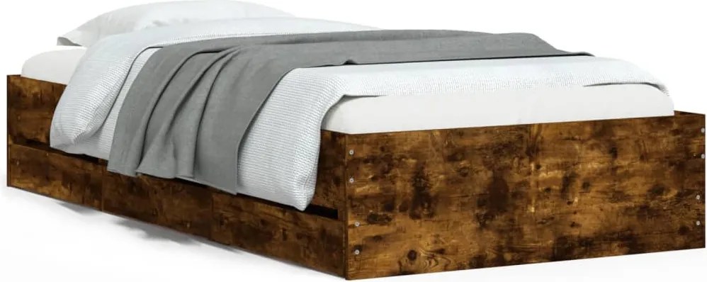 vidaXL Cadru pat cu sertare stejar fumuriu, 90x200 cm, lemn prelucrat