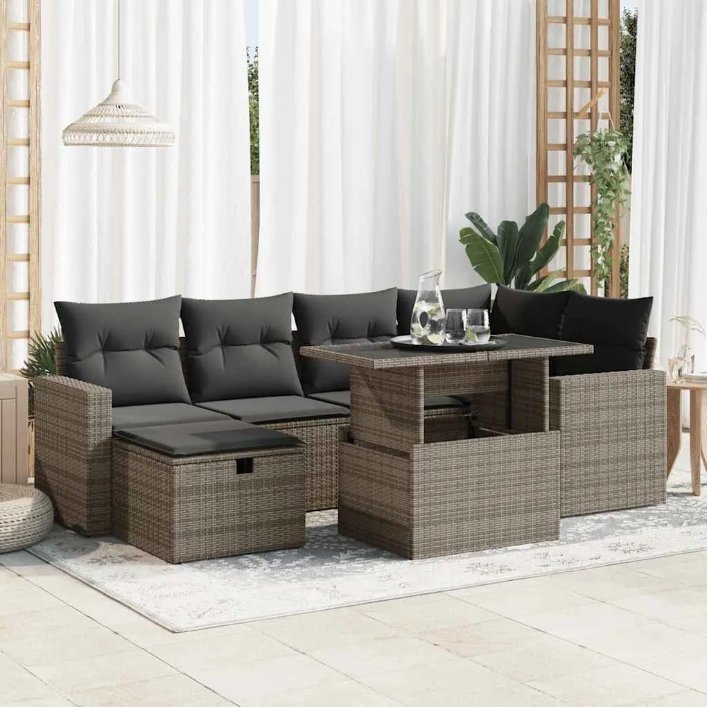 vidaXL Set canapele de grădină, 7 piese, cu perne, gri, poliratan