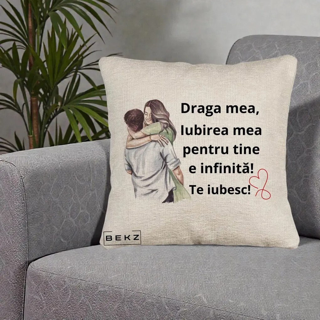 Cadou pentru Iubita - Perna Personalizata Draga Mea Iubirea Mea Infinita Te Iubesc cu Cuplu Acuarela, 40x40 cm, Bej Canapea, Husa Detasabila, Perna Inclusa, BEKZ®