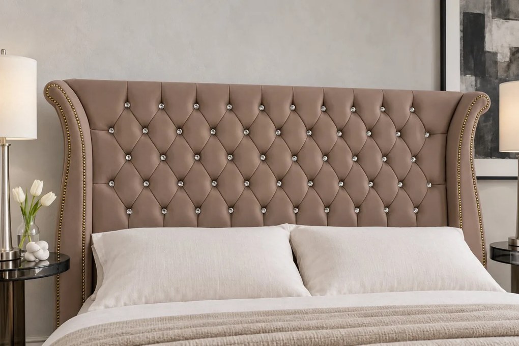 Pat tapițat din catifea Zafira 160×200 cm, cappuccino, cu ladă de depozitare