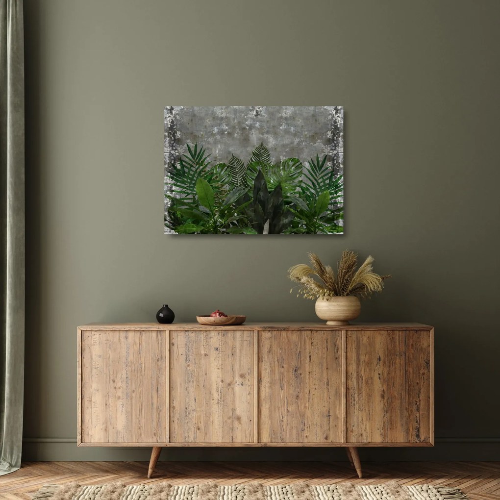 Tablou pe sticlă - Zid de beton cu plante (70x50 cm)