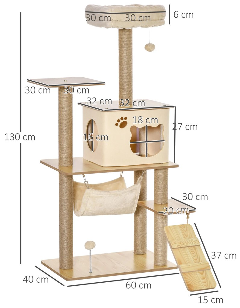 PawHut Ansamblu de Joacă pentru Pisici Compac, Zgariere și Distracție, Lemn și Plush, Dimensiuni 60 x 40 x 130 cm, Galben | Aosom România