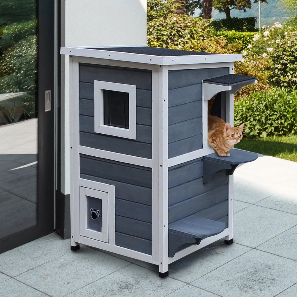 PawHut Cușcă Animale Companie Exterior 2 Nivele Lemn Gri și Alb 51x51x81.3cm | Aosom Romania