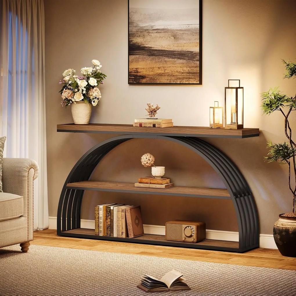 MACI35 - Masa Consola curbata, 160 cm, masuta hol, living, dormitor - Negru - Maro