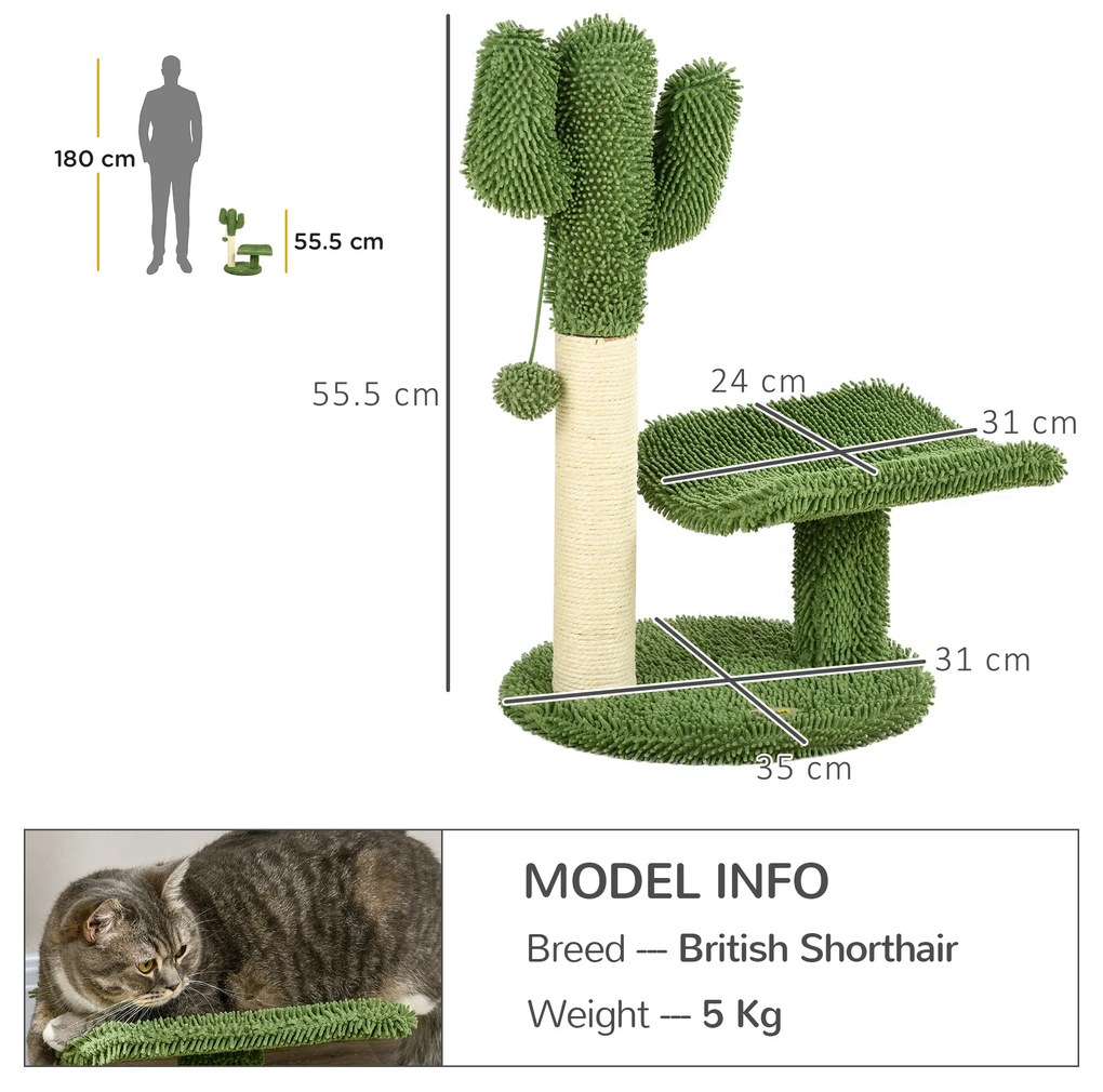 Copac de 55,5cm in Forma de Cactus pentru Pisici de Interior, Turn pentru Pisici cu Stalpi de Zgariat, Pat, Minge, Verde PawHut | Aosom Romania