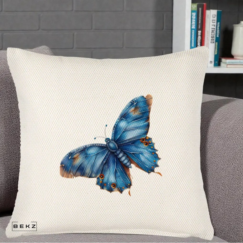 Perna Decorativa Fluture Albastru Satin cu Pete Aurii, 40x40 cm, Crem Reliefat, Husa Detasabila, Perna Inclusa, BEKZ®